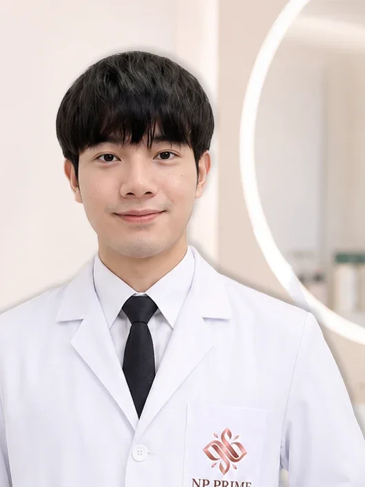 ภาพ นายแพทย์อภิรัฐ กองจันทร์ สวมเสื้อกาวน์ NP PRIME CLINIC