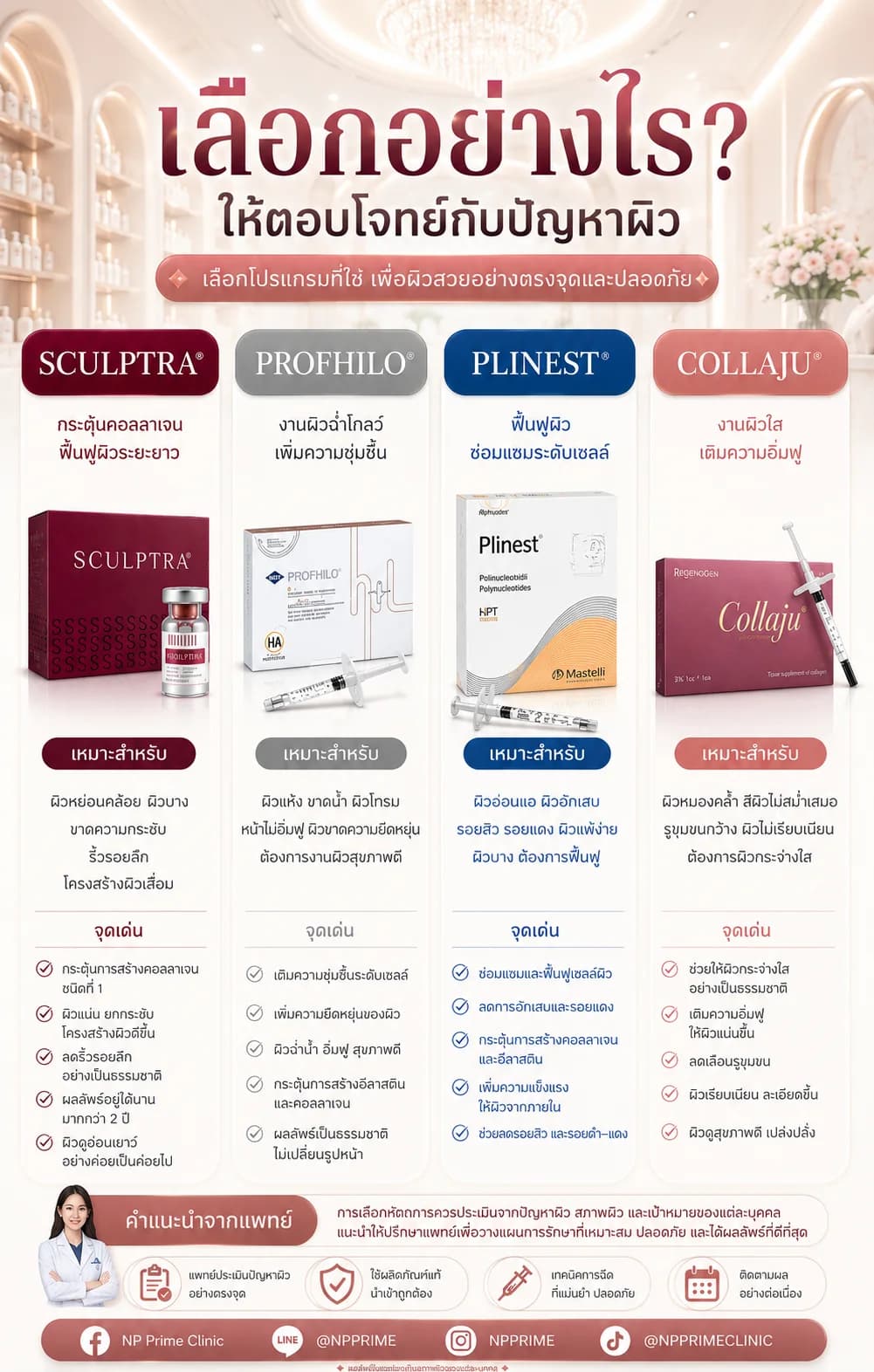 อินโฟกราฟิก เลือกอย่างไรให้ตอบโจทย์กับปัญหาผิว เปรียบเทียบ SCULPTRA กระตุ้นคอลลาเจน ฟื้นฟูผิวระยะยาว PROFHILO งานผิวฉ่ำโกลว์ เพิ่มความชุ่มชื้น PLINEST ฟื้นฟูผิว ซ่อมแซมระดับเซลล์ COLLAJU งานผิวใส เติมความอิ่มฟู พร้อมหัวข้อเหมาะสำหรับและจุดเด่นของแต่ละผลิตภัณฑ์ และคำแนะนำจากแพทย์ การเลือกหัตถการควรประเมินจากปัญหาผิว สภาพผิว และเป้าหมายของแต่ละบุคคล แนะนำให้ปรึกษาแพทย์เพื่อวางแผนการรักษาที่เหมาะสม