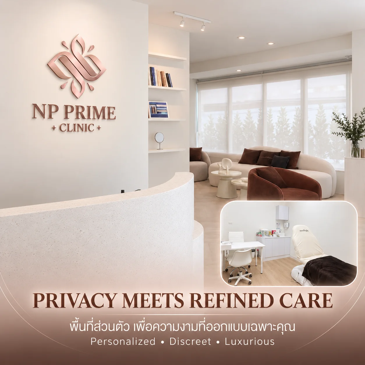 เคาน์เตอร์ต้อนรับและพื้นที่นั่งรอ NP PRIME CLINIC สาขาลาดพร้าว 15 พร้อมข้อความ Privacy meets refined care พื้นที่ส่วนตัว เพื่อความงามที่ออกแบบเฉพาะคุณ