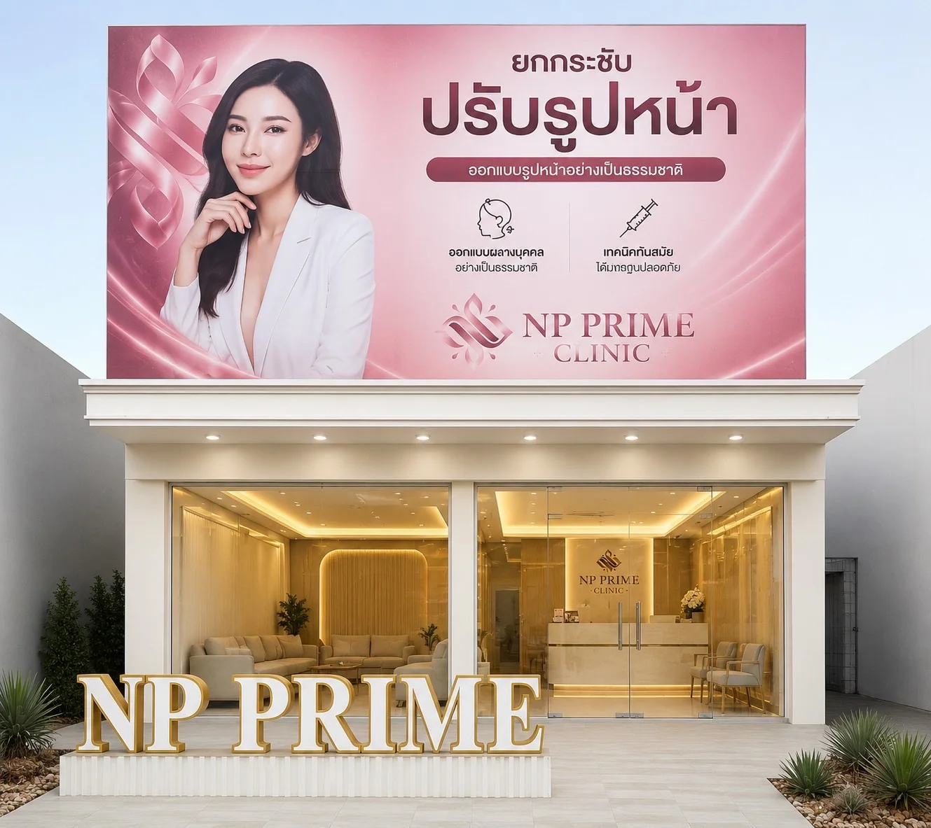 หน้าคลินิก NP PRIME CLINIC สาขาขอนแก่น อาคารสีขาวผนังกระจก ป้ายตัวอักษร NP PRIME ด้านหน้า และป้ายโฆษณาปรับรูปหน้าด้านบน
